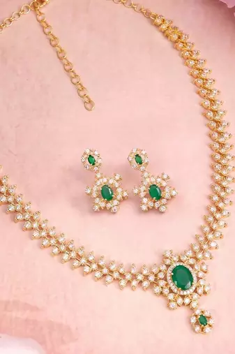 Gold tone statement necklace set for women, green crystal pendant