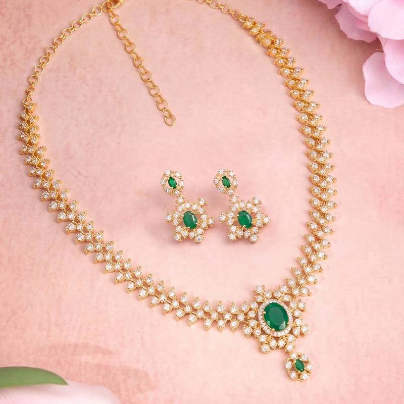 Gold tone statement necklace set for women, green crystal pendant