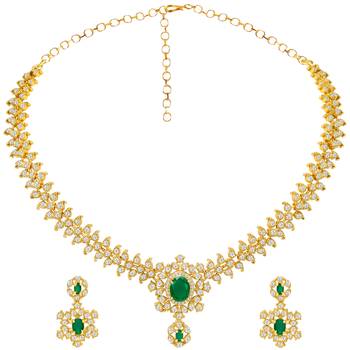Gold tone statement necklace set for women, green crystal pendant 3
