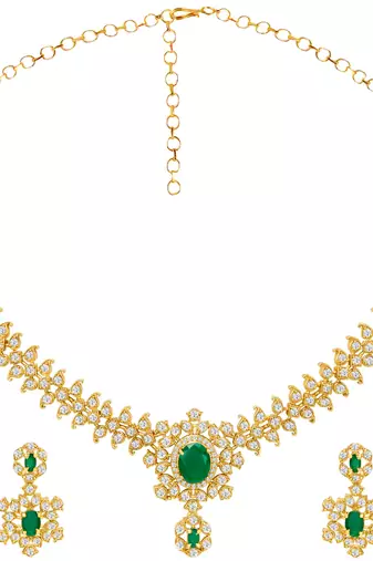 Gold tone statement necklace set for women, green crystal pendant