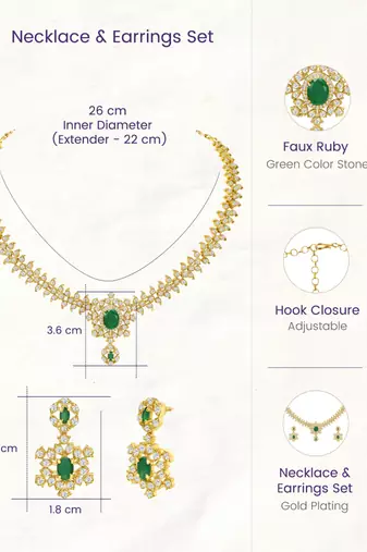 Gold tone statement necklace set for women, green crystal pendant