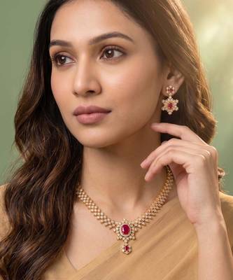 Gold tone statement necklace set for women, pink crystal pendant 1