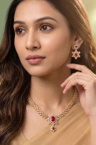 Gold tone statement necklace set for women, pink crystal pendant