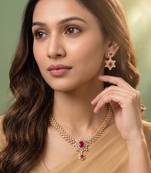 Gold tone statement necklace set for women, pink crystal pendant