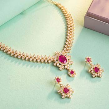 Gold tone statement necklace set for women, pink crystal pendant 2