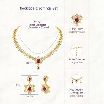Gold tone statement necklace set for women, pink crystal pendant 4