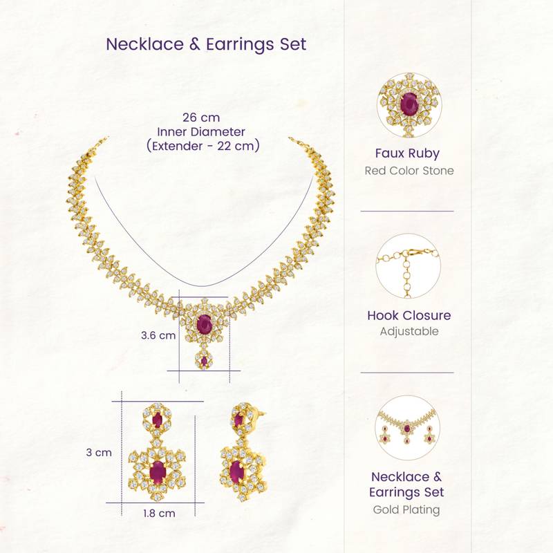 Gold tone statement necklace set for women, pink crystal pendant