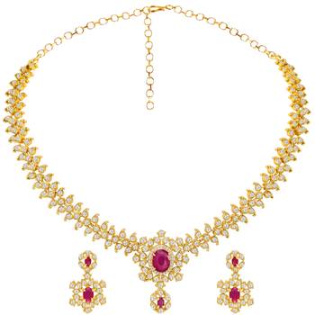 Gold tone statement necklace set for women, pink crystal pendant 5