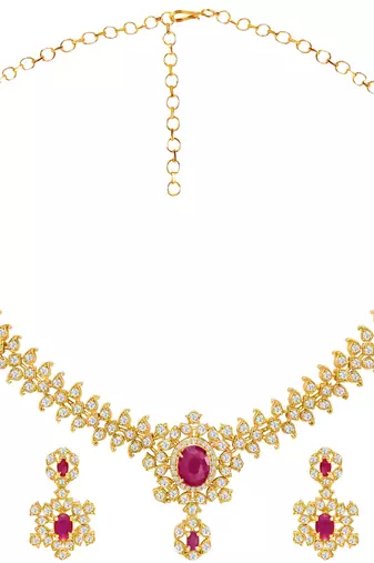 Gold tone statement necklace set for women, pink crystal pendant