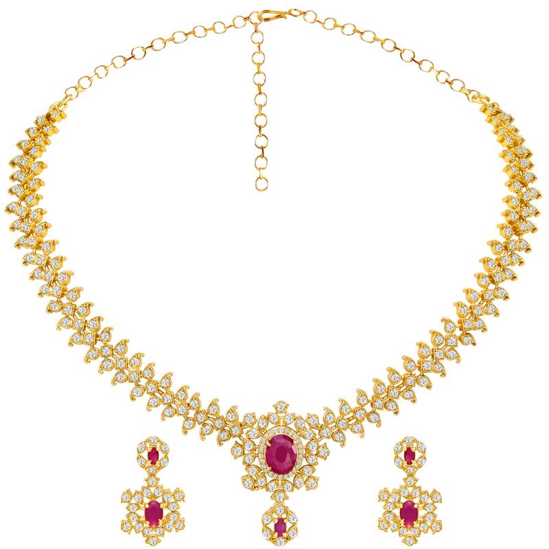 Gold tone statement necklace set for women, pink crystal pendant