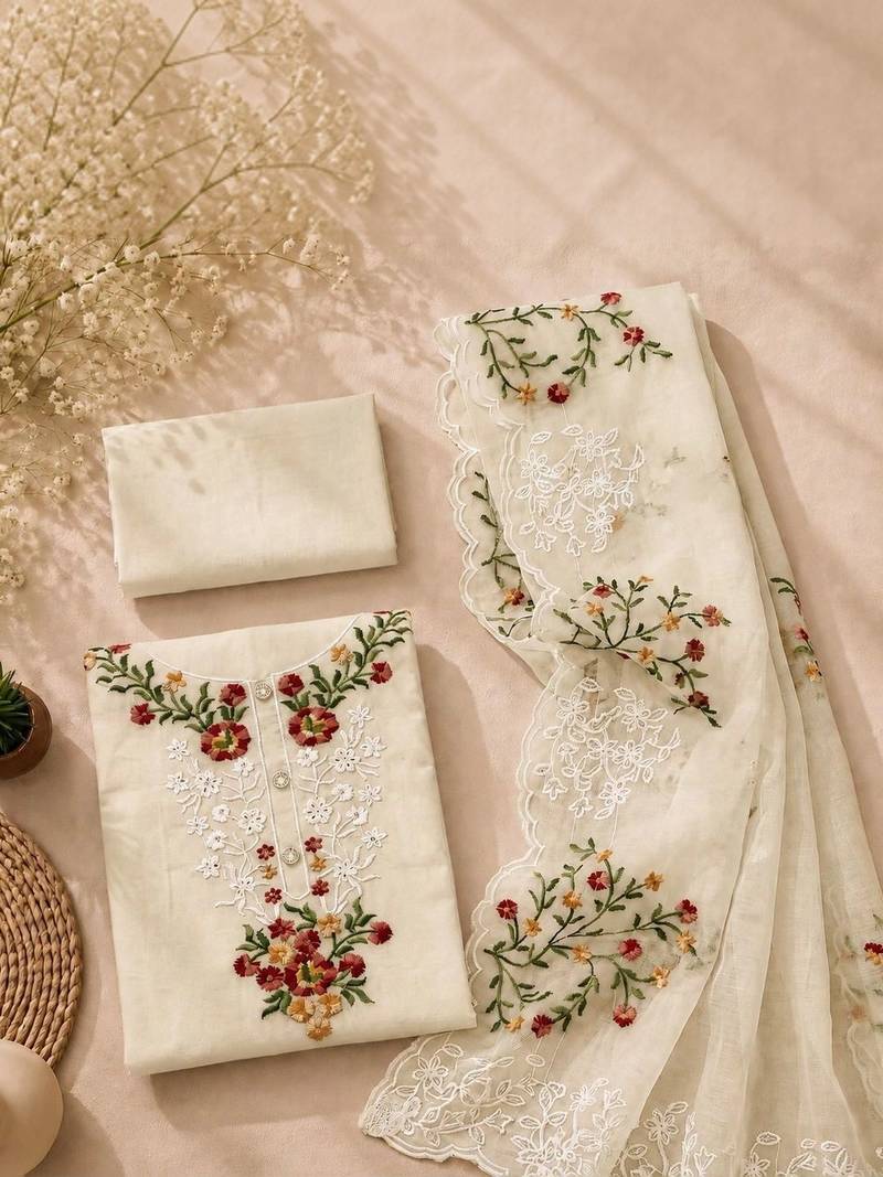 Embroidered Art Silk Unstitched Dress Material