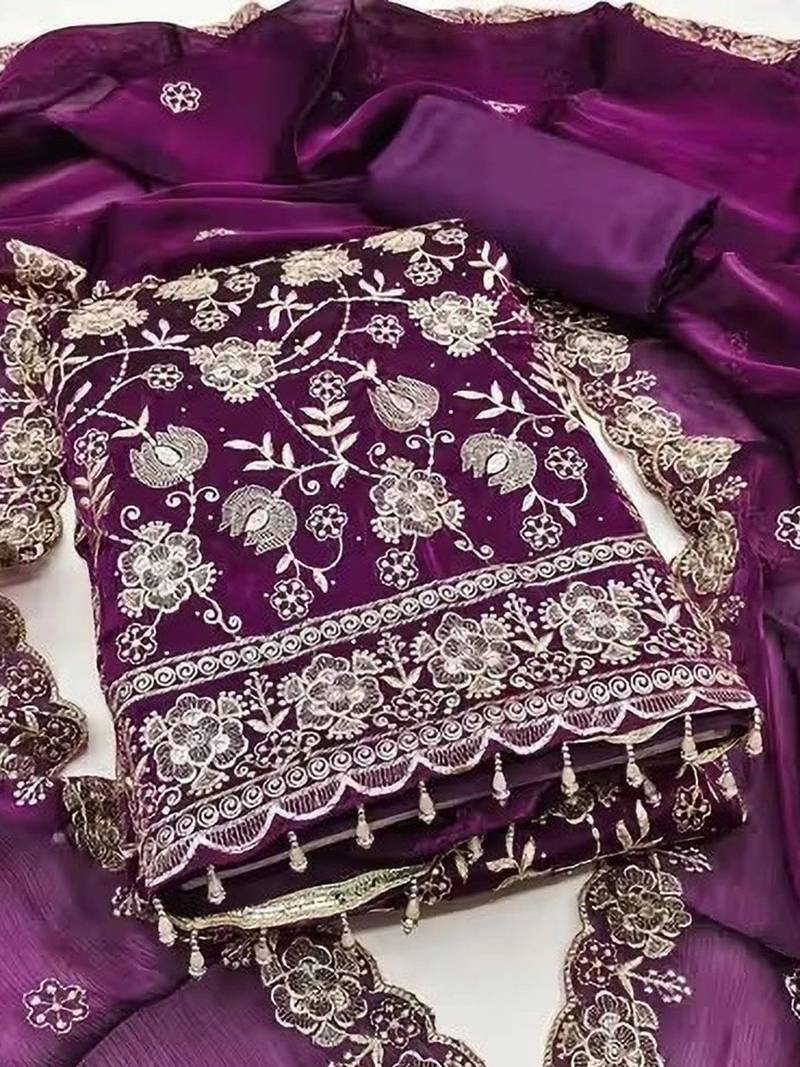 Embroidered Art Silk Unstitched Dress Material
