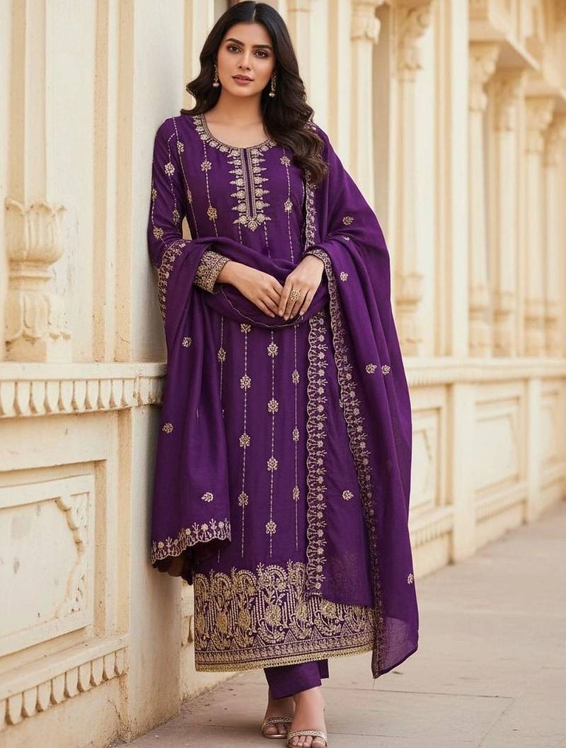 Embroidered Art Silk Unstitched Dress Material
