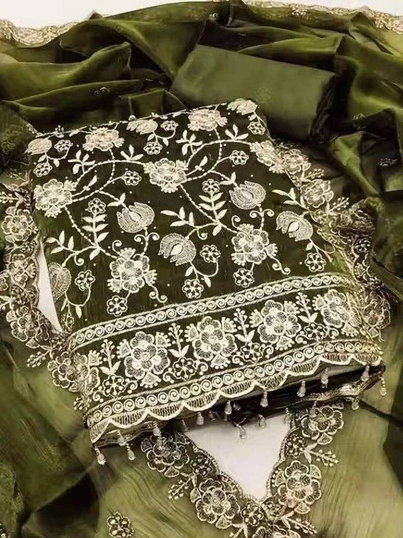 Embroidered Art Silk Unstitched Dress Material