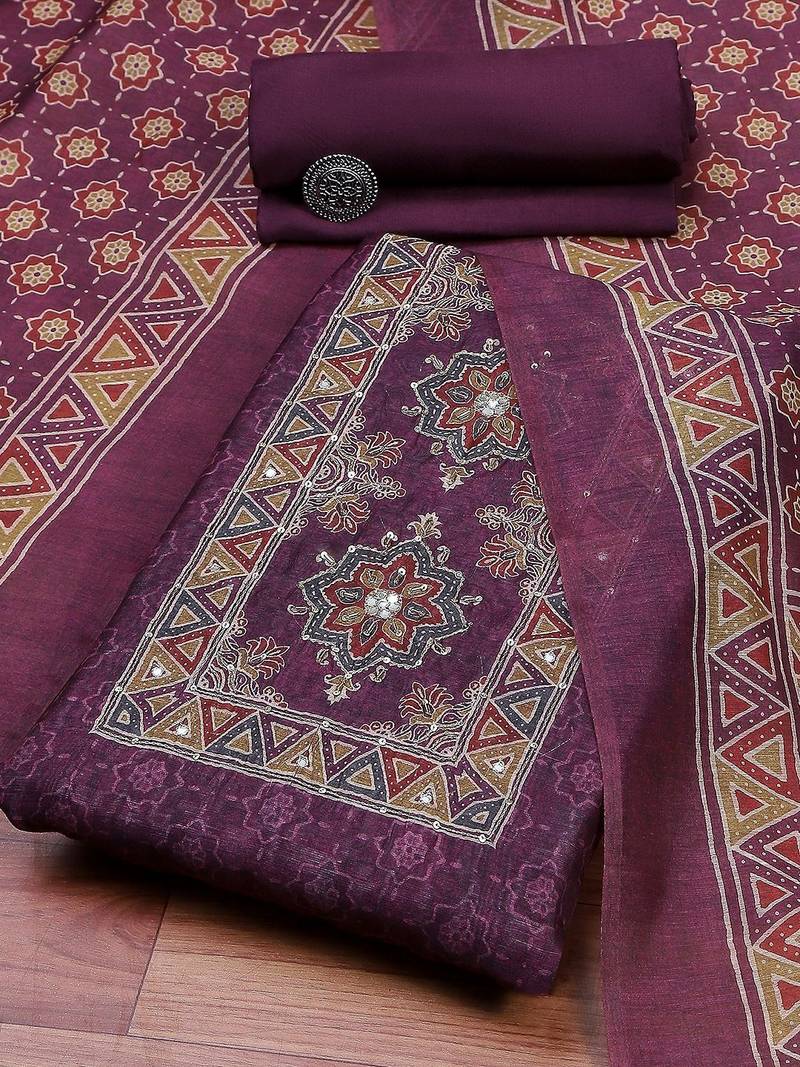Purple Printed Unstitched Dress Material