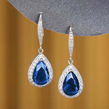 Silver plated blue cubic zirconia studded drop earrings fish hook 1