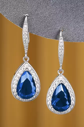 Silver plated blue cubic zirconia studded drop earrings fish hook