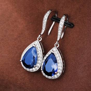 Silver plated blue cubic zirconia studded drop earrings fish hook 2