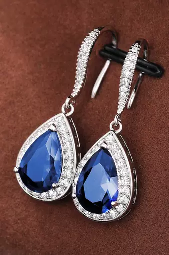 Silver plated blue cubic zirconia studded drop earrings fish hook