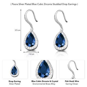 Silver plated blue cubic zirconia studded drop earrings fish hook 4