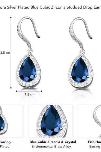 Silver plated blue cubic zirconia studded drop earrings fish hook