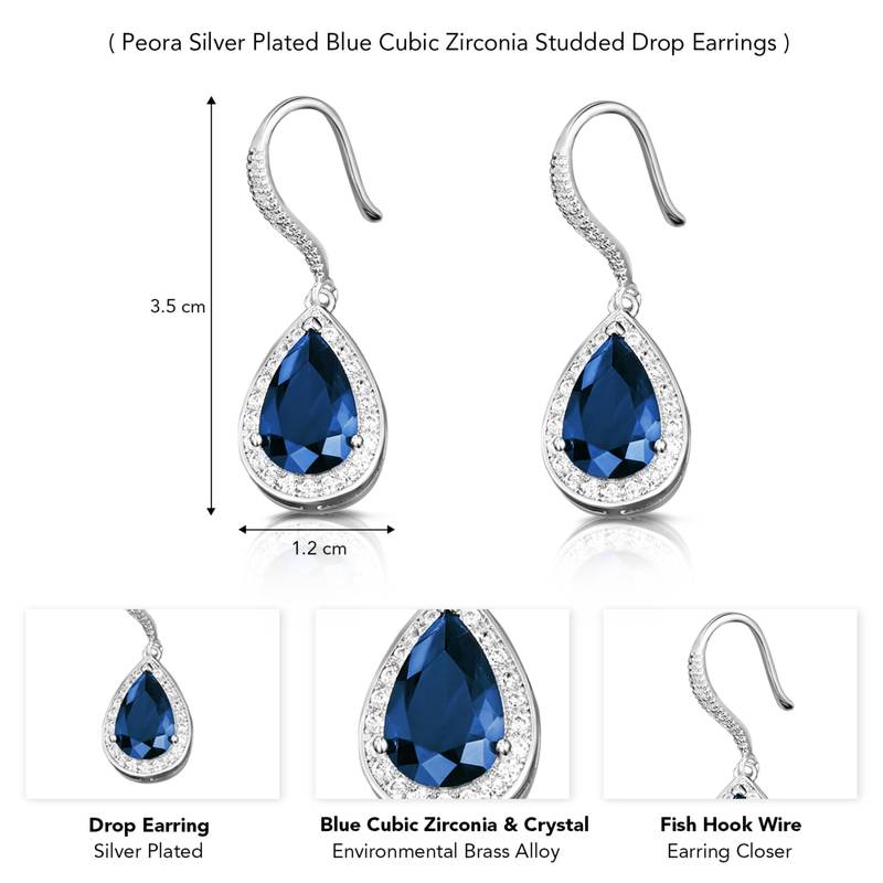 Silver plated blue cubic zirconia studded drop earrings fish hook