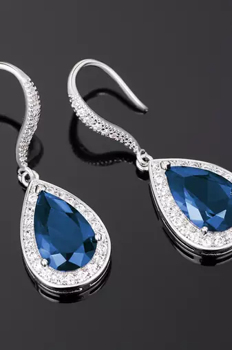 Silver plated blue cubic zirconia studded drop earrings fish hook
