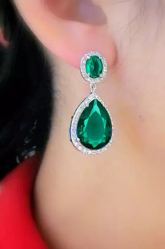 Silver plated cubic zirconia & green crystal studded drop earrings