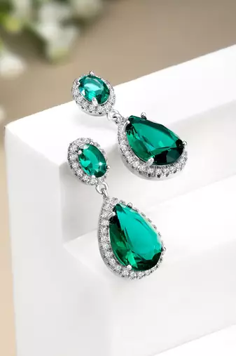 Silver plated cubic zirconia & green crystal studded drop earrings