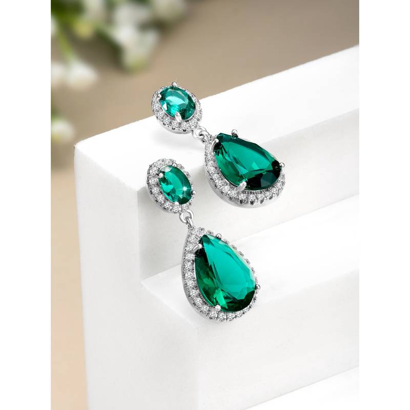 Silver plated cubic zirconia & green crystal studded drop earrings