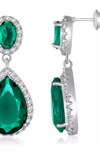 Silver plated cubic zirconia & green crystal studded drop earrings
