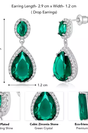 Silver plated cubic zirconia & green crystal studded drop earrings