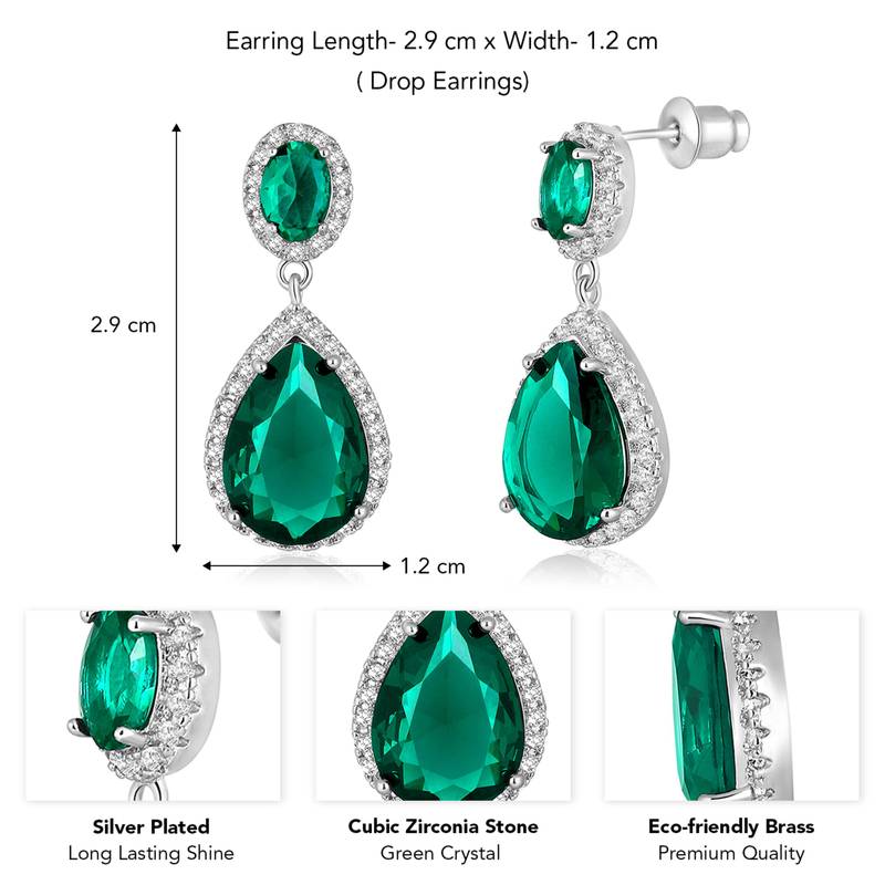 Silver plated cubic zirconia & green crystal studded drop earrings