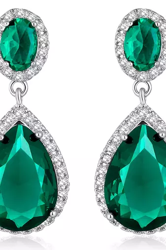 Silver plated cubic zirconia & green crystal studded drop earrings