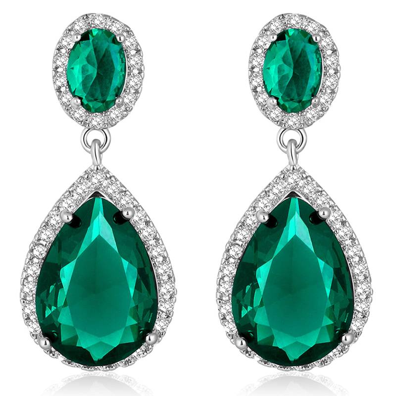 Silver plated cubic zirconia & green crystal studded drop earrings