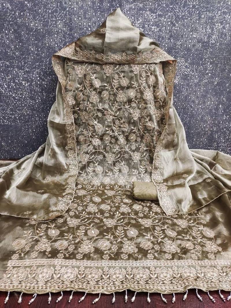 Embroidered Art Silk Unstitched Dress Material