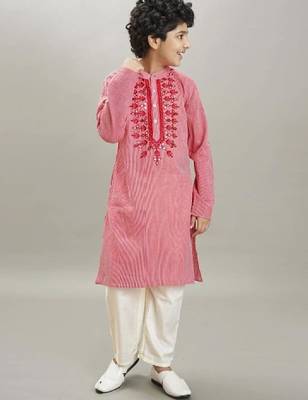 Boys ethnic motifs yoke design pure cotton kurta with pyjamas 4
