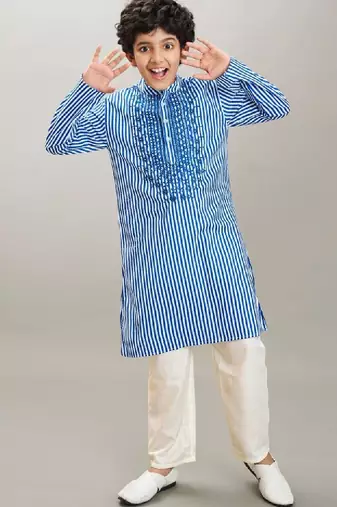 Boys striped thread work mandarin collar kurta with pyjamas