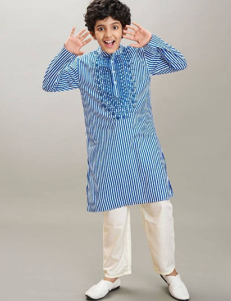 Boys striped thread work mandarin collar kurta with pyjamas