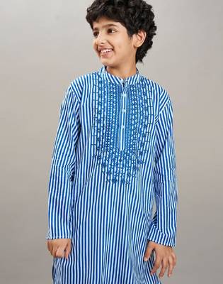 Boys striped thread work mandarin collar kurta with pyjamas 2
