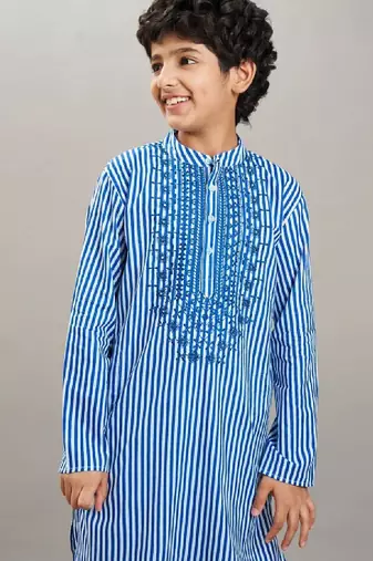 Boys striped thread work mandarin collar kurta with pyjamas