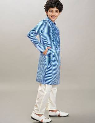 Boys striped thread work mandarin collar kurta with pyjamas 3