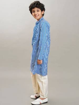 Boys striped thread work mandarin collar kurta with pyjamas 4