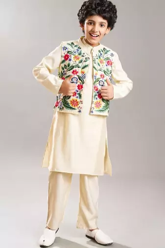 Boys mandarin collar straight kurta with pyjamas & nehru jacket
