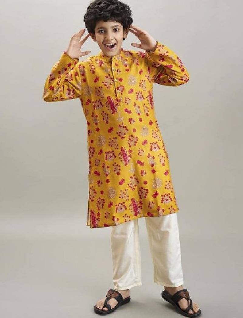 Boys ethnic motifs floral printed regular kurta with pyjamas