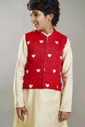 Boys embroidery mandarin collar kurta with pyjama & nehru jacket