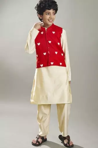 Boys geometric printed regular kurta set with a red embroidery jacket