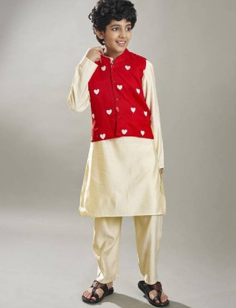 Boys geometric printed regular kurta set with a red embroidery jacket