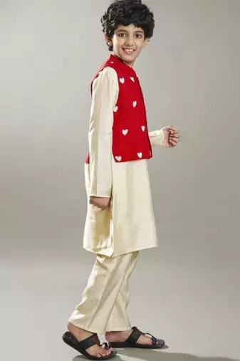Boys geometric printed regular kurta set with a red embroidery jacket