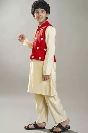 Boys geometric printed regular kurta set with a red embroidery jacket